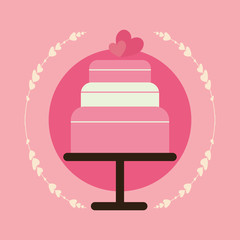 table with wedding cake over pink background, colorful design. vector illustration