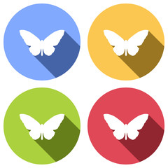 butterfly icon. Set of white icons with long shadow on blue, orange, green and red colored circles. Sticker style