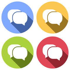 chat icon. Set of white icons with long shadow on blue, orange, green and red colored circles. Sticker style