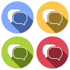 chat icon. Set of white icons with long shadow on blue, orange, green and red colored circles. Sticker style