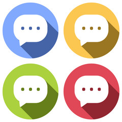 chat icon. Set of white icons with long shadow on blue, orange, green and red colored circles. Sticker style