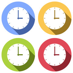 Simple clock icon. Set of white icons with long shadow on blue, orange, green and red colored circles. Sticker style