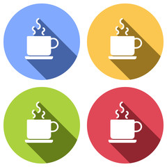 cup of hot tea or coffee icon. Set of white icons with long shadow on blue, orange, green and red colored circles. Sticker style