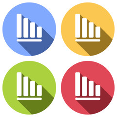 Declining graph line icon. Set of white icons with long shadow on blue, orange, green and red colored circles. Sticker style