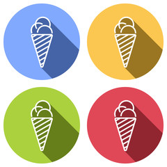 ice cream icon. Set of white icons with long shadow on blue, orange, green and red colored circles. Sticker style