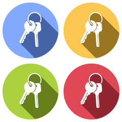 keys on the ring icon. Set of white icons with long shadow on blue, orange, green and red colored circles. Sticker style