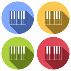 Simple piano icon. Set of white icons with long shadow on blue, orange, green and red colored circles. Sticker style