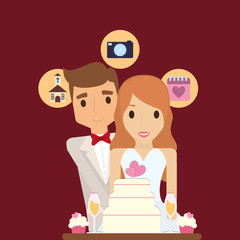 cartoon wedding couple with related icons around over red background, colorful design. vector illustration
