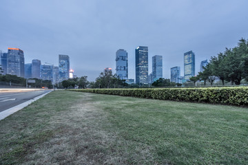 Fototapeta na wymiar cityscape and skyline of shenzhen from meadow at dusk