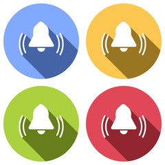 black bell icon. Set of white icons with long shadow on blue, orange, green and red colored circles. Sticker style