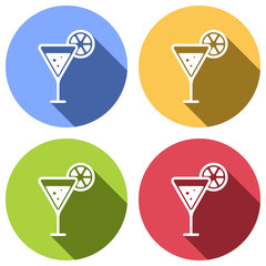 cocktail with lemon slice icon. Set of white icons with long shadow on blue, orange, green and red colored circles. Sticker style