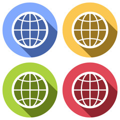 globe, planet. simple silhouette. Set of white icons with long shadow on blue, orange, green and red colored circles. Sticker style