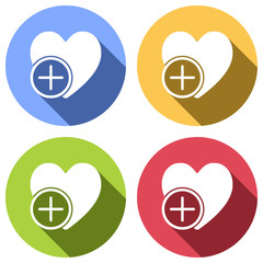 heart and plus. simple silhouette. Set of white icons with long shadow on blue, orange, green and red colored circles. Sticker style