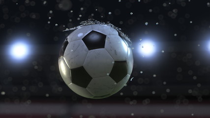 Fototapeta premium Soccer ball flying through water drops. 3d illustration