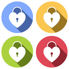heart lock, padlock. simple silhouette. Set of white icons with long shadow on blue, orange, green and red colored circles. Sticker style