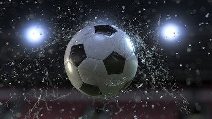 Naklejka premium Soccer ball flying through water drops. 3d illustration