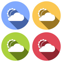 moon and cloud. simple silhouette. Set of white icons with long shadow on blue, orange, green and red colored circles. Sticker style