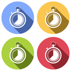 stopwatch. simple icon. Set of white icons with long shadow on blue, orange, green and red colored circles. Sticker style