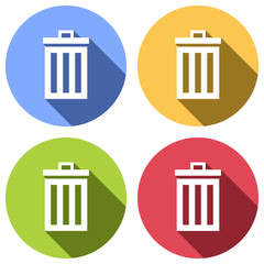 trash bin. simple icon. Set of white icons with long shadow on blue, orange, green and red colored circles. Sticker style