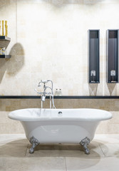 Bathroom interior in cozy colors with modern bathtub