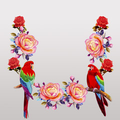 Obraz premium Painting of roses flowers and Macaw bird.