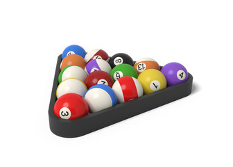 3d rendering of many billiard balls with colorful stripes and numbers inside a rack.
