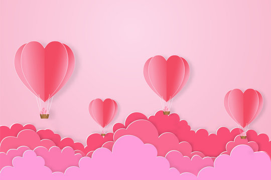Pink heart balloon on c pink sky as love, happy valentine's day, wedding, paper art and craft style concept. vector illustration.