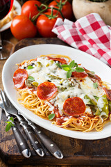 Baked pasta with cheese and pepperoni