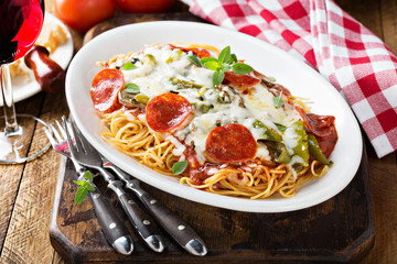 Baked pasta with cheese and pepperoni