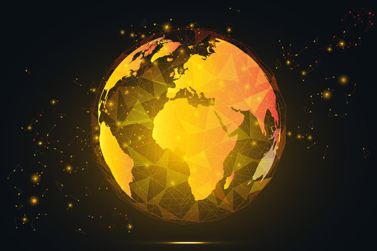 Yellow Gold Global network connection. Gold World map hexagonal polygonal mesh and line as business, composition concept. Vector Illustration.