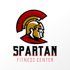 Colorful logo, badge, emblem of Spartan head and Corinthian helmet. Greek soldier, warrior, hero, shield, lettering. Identity for sports club, gym, vector illustration