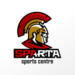 Colorful logo, badge, emblem of Spartan head and Corinthian helmet. Greek soldier, warrior, hero, shield, lettering. Identity for sports club, gym, vector illustration