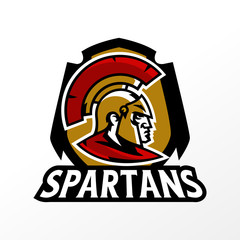 Colorful logo, badge, emblem of Spartan head and Corinthian helmet. Greek soldier, warrior, hero, shield, lettering. T-shirt printing, vector illustration