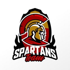 Colorful logo, badge, emblem of Spartan head and Corinthian helmet. Greek soldier, warrior, hero, shield, lettering. T-shirt printing, vector illustration
