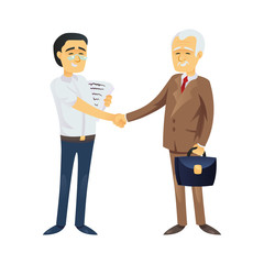 Fototapeta premium Young and adult Asian business men shaking hands and making deal on white background.