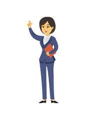 Pretty businesswoman standing with papers and holding hand up isolated on white.