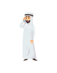 Adult Arabian businessman in traditional clothes talking on smartphone on white background.