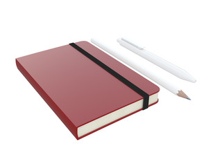 moleskine with pen and pencil and a black strap front or top view isolated on a white background 3d rendering
