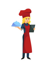 Pretty woman cook in apron standing with tray and menu on white background.