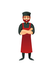 Cheerful cook in apron standing with arms crossed on white background.