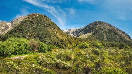 Obraz premium view at at Gertrude Valley Lookout on the road to Milford Sound in Fiordland National Park, New Zealand, South Island.