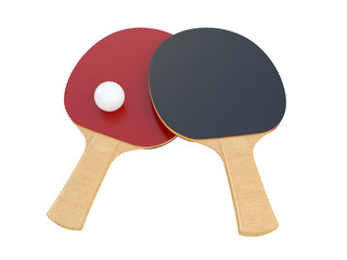 ping pong rackets red and black with white ball isolated on a white background 3d rendering