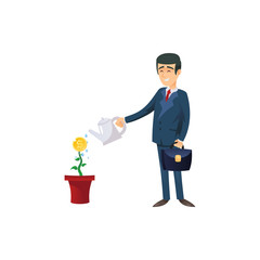 Flat style of businessman watering pot with growing dollar coin investing in future. 