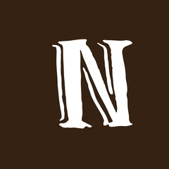 Letter N. Handwritten by dry brush. Rough strokes textured font. Vector illustration. Grunge style elegant alphabet.