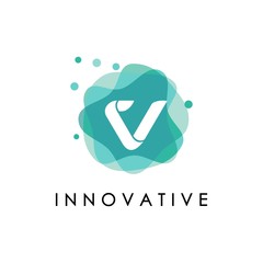 Letter V logo at green watercolor splash background. green nature logo vector