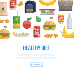 Different food pattern and Healthy diet words isolated on white. 