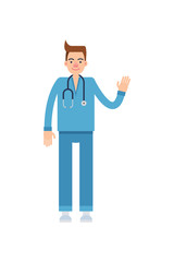Cheerful male doctor with stethoscope gesturing greeting with hand.