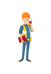 Senior character of man in uniform of builder holding files and talking via radio set. 