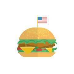 Appetizing tasty burger with USA small flag on top isolated on white.
