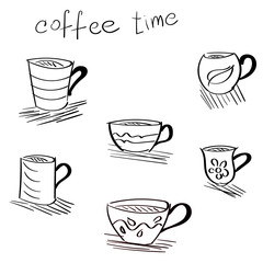 a hand-drawn sketch of cups and mugs of different shapes with an inscription © Екатерина Морозкина